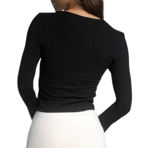 Elan Yara Button Long Sleeve Top - Black. 